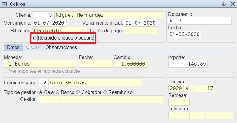 Recibido Cheque o
                                  Pagar