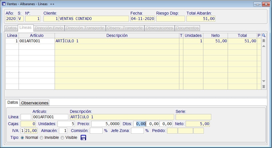 Albaranes
                                  Mantenimiento Lineas