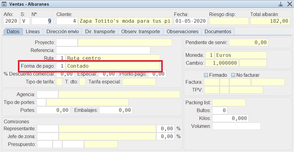 Albaranes Forma de Pago