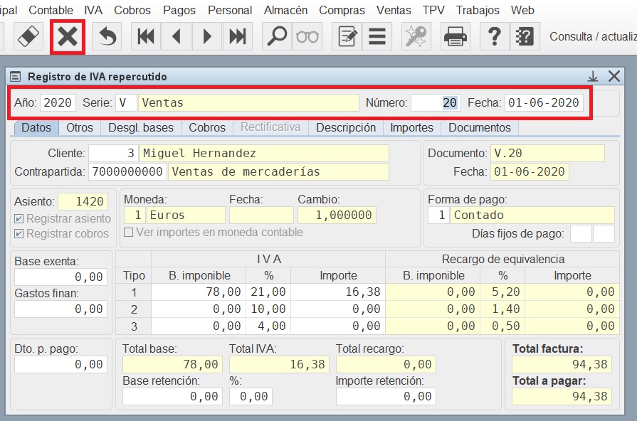 Borrar Factura
                                    Reg. IVA